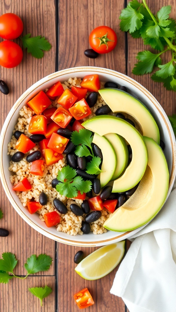 A healthy quinoa and black bean bowl with colorful vegetables and avocado, garnished with cilantro and lime.